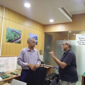 Prof Sinha demonstrating to Dr. Mishra, our R&D of Sensors, Wireless connectivity, Apps, Cloud, Analysis and Algorithms required for IoT& AI